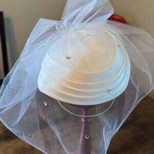 Princess Dianna Style White Wedding Hat w/ white satin hat, tulle, chin strap